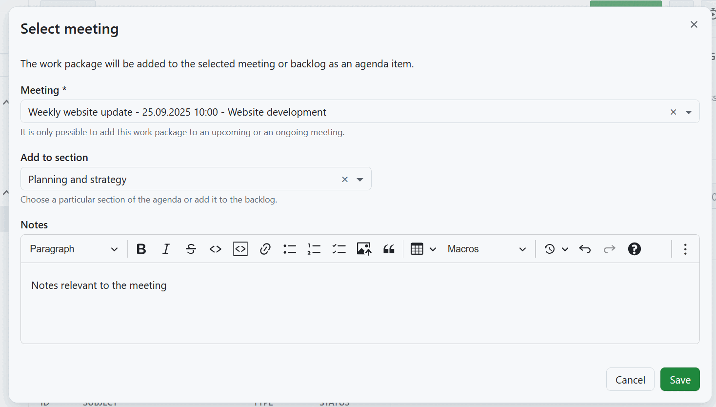 Add a work package to a new meeting