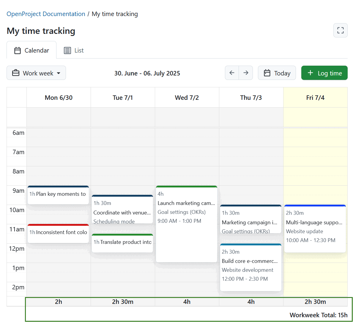 Sums of hours displayed at the bottom of the Calendar tab under My time tracking module in OpenProject