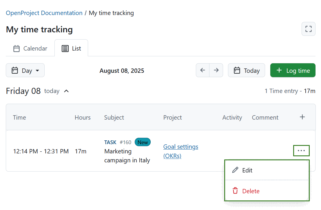Icon to edit or delete a time entry under List tab of the My time tracking module in OpenProject