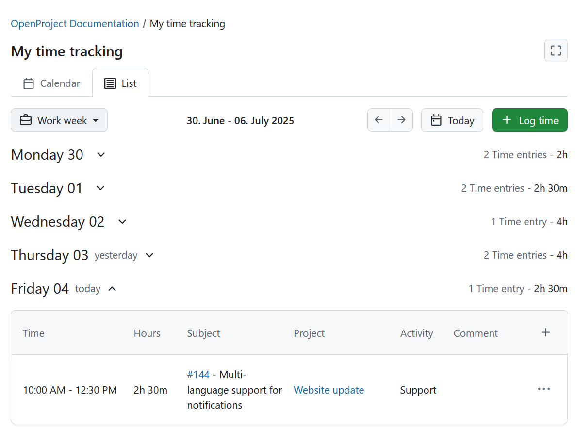 List view under My time tracking module in OpenProject