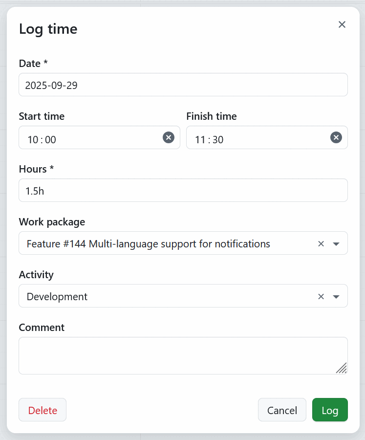 Modal to log time from My time tracking module in OpenProject