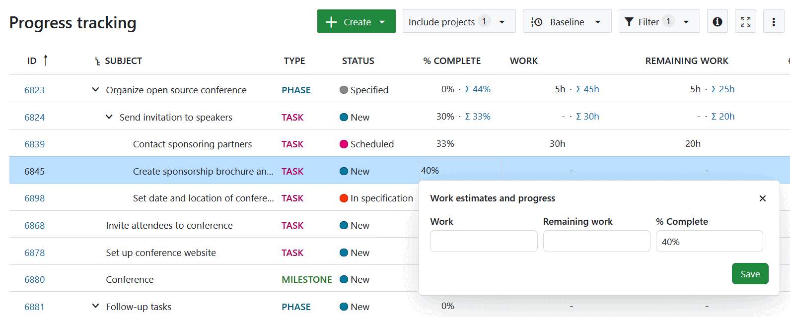 Manually entering values for % Complete in OpenProject