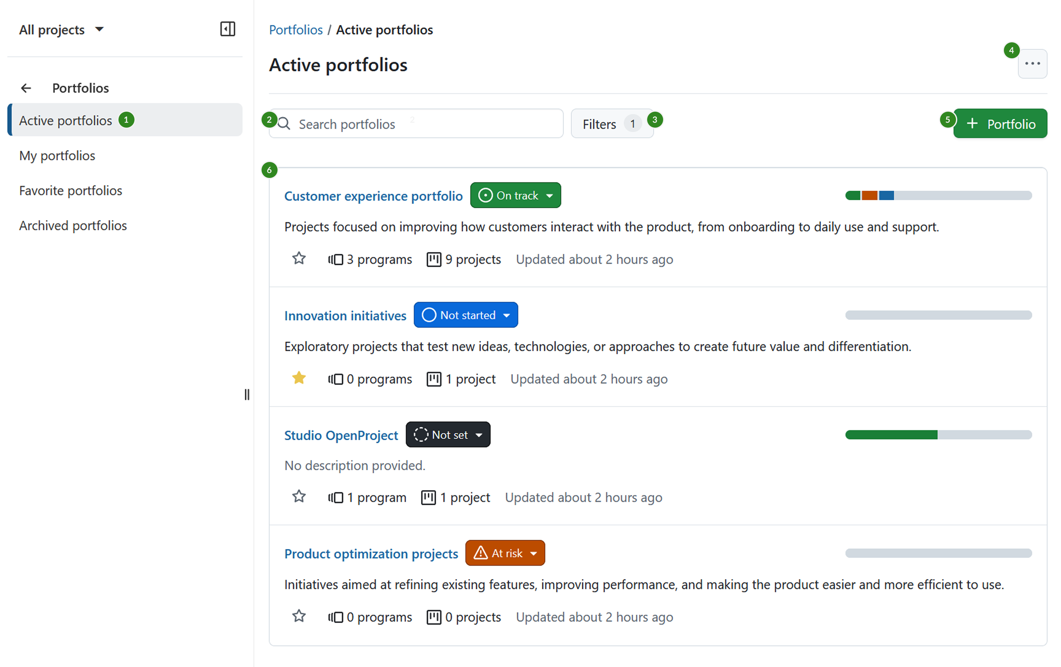 Portfolios index page in OpenProject