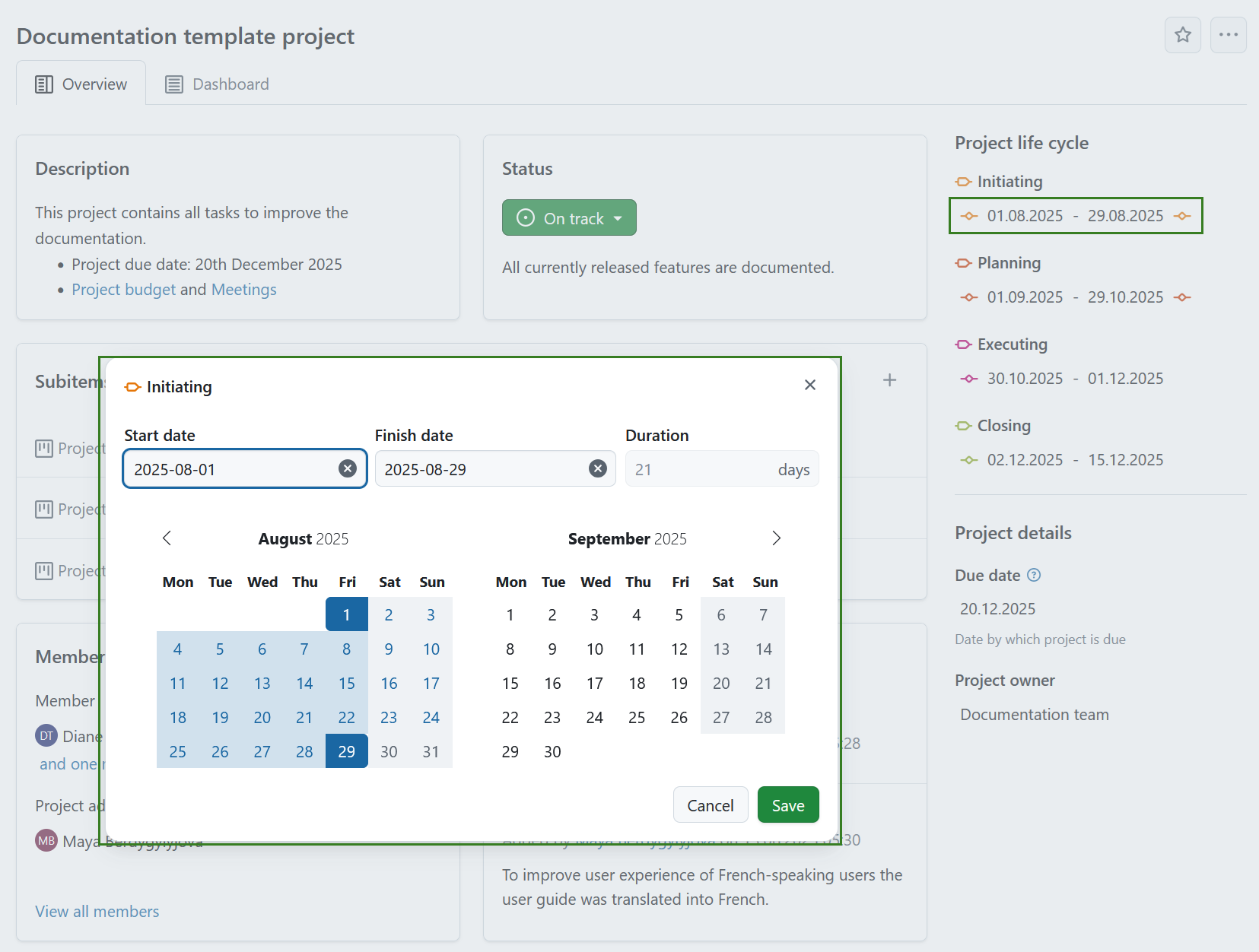 Edit date range for project phase on a project home page in OpenProject