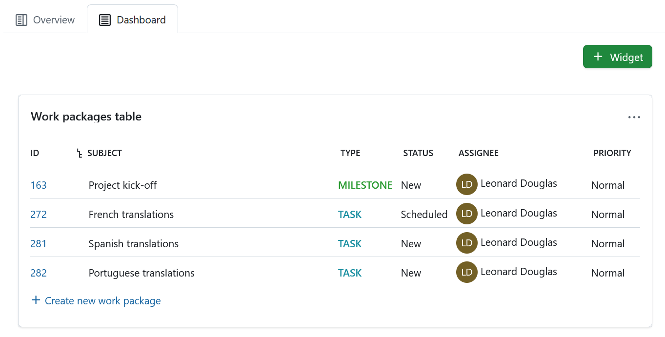 Work packages table widget on a project home page in OpenProject