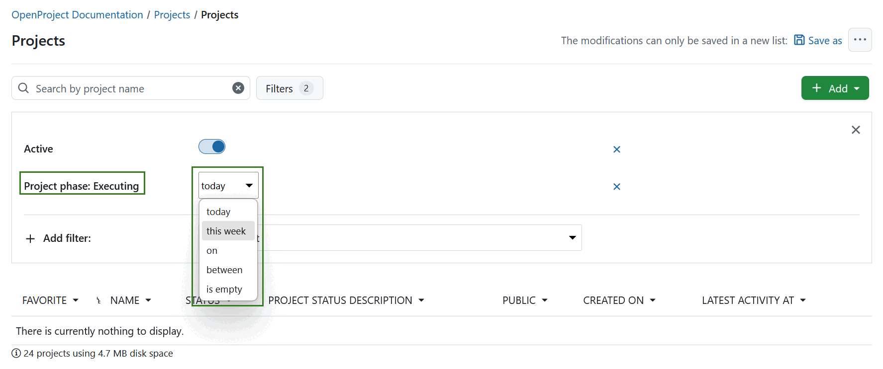 Project lists filtered by project phases and phase gates with a timeframe dropdown menu filter opened in OpenProject