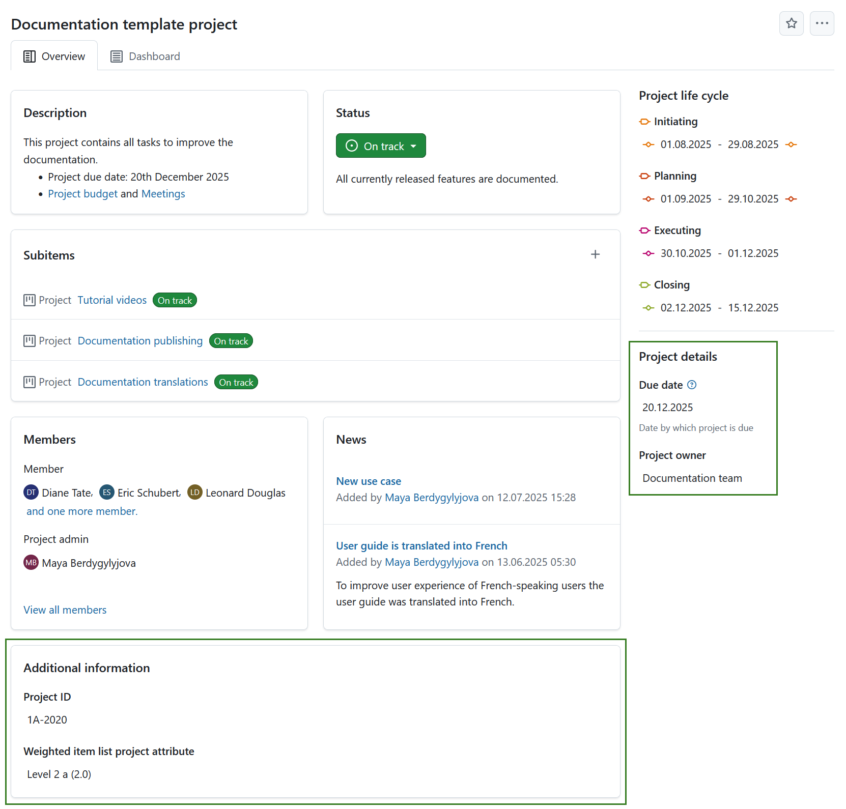 Project home page showing project attributes on the right side pane in OpenProject