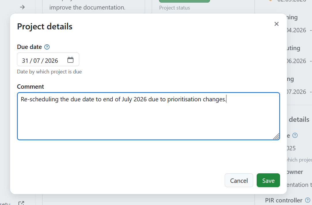 Edit a project attribute section on project overview page