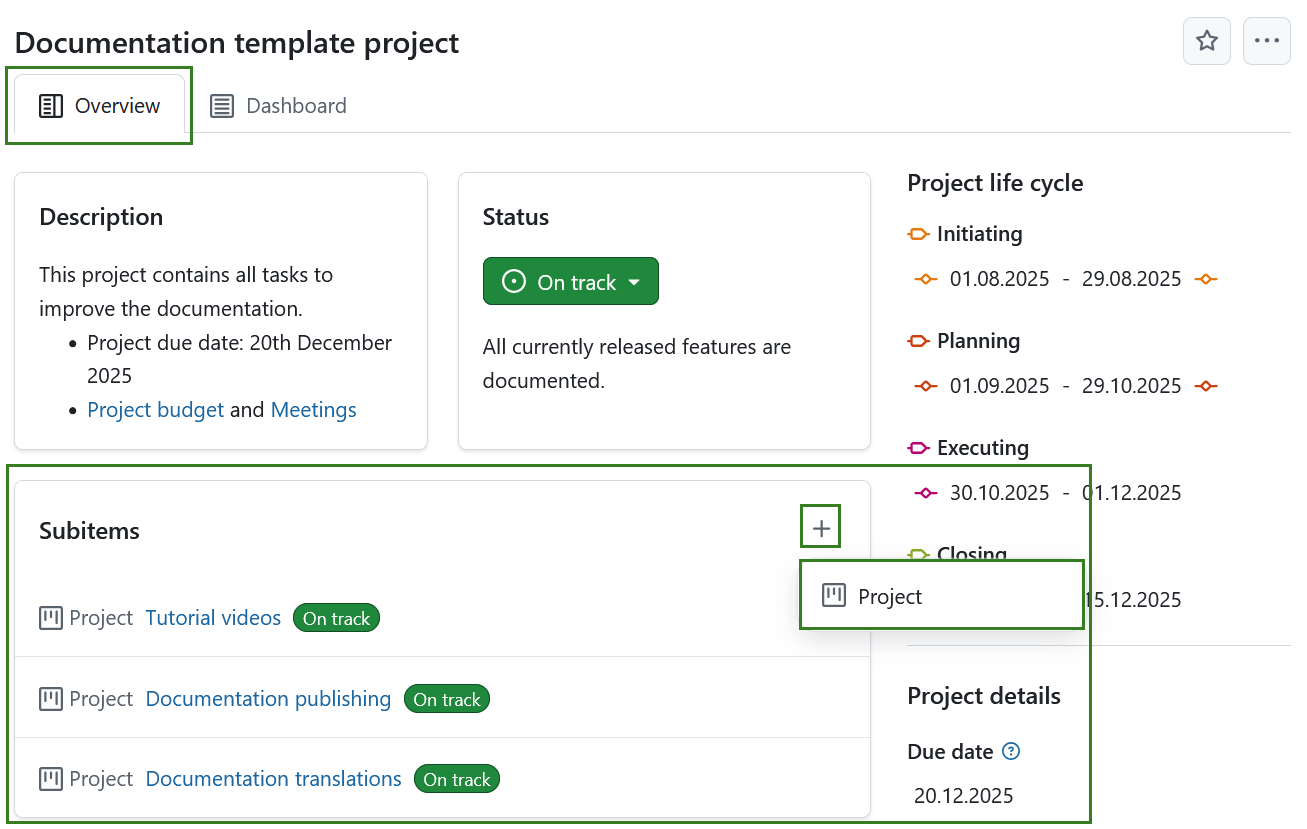 Subprojects widget displayed on a project home page in OpenProject
