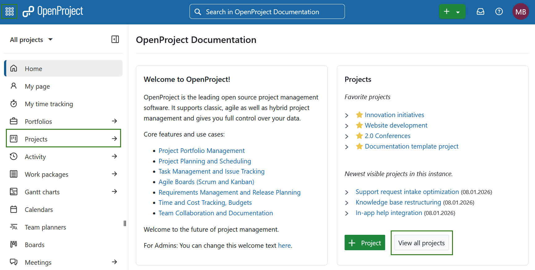 Select all projects from the global modules menu on the left side menu in OpenProject
