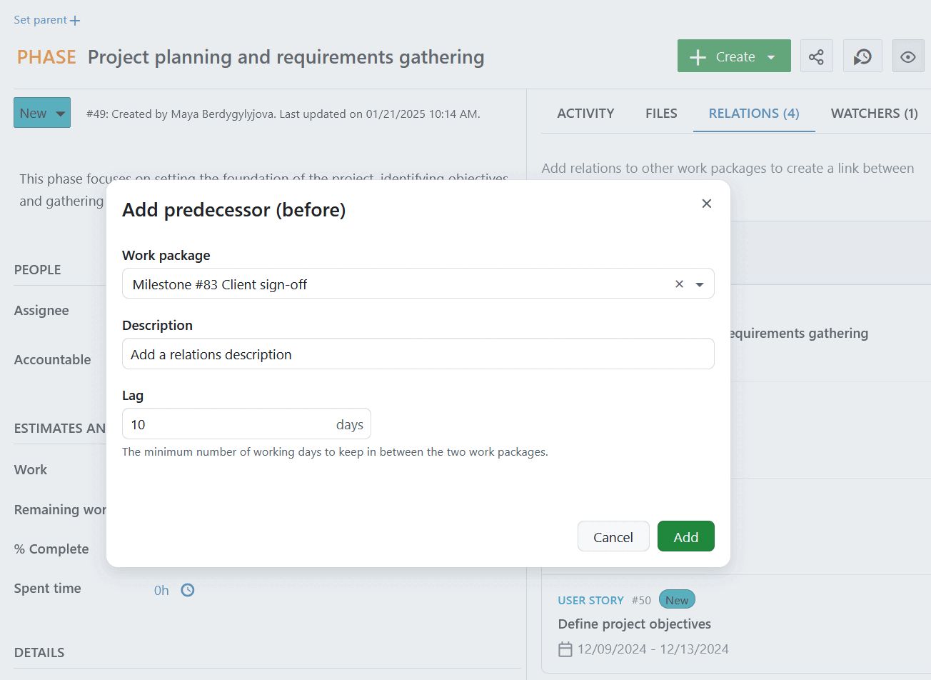 Add a successor work package in OpenProject