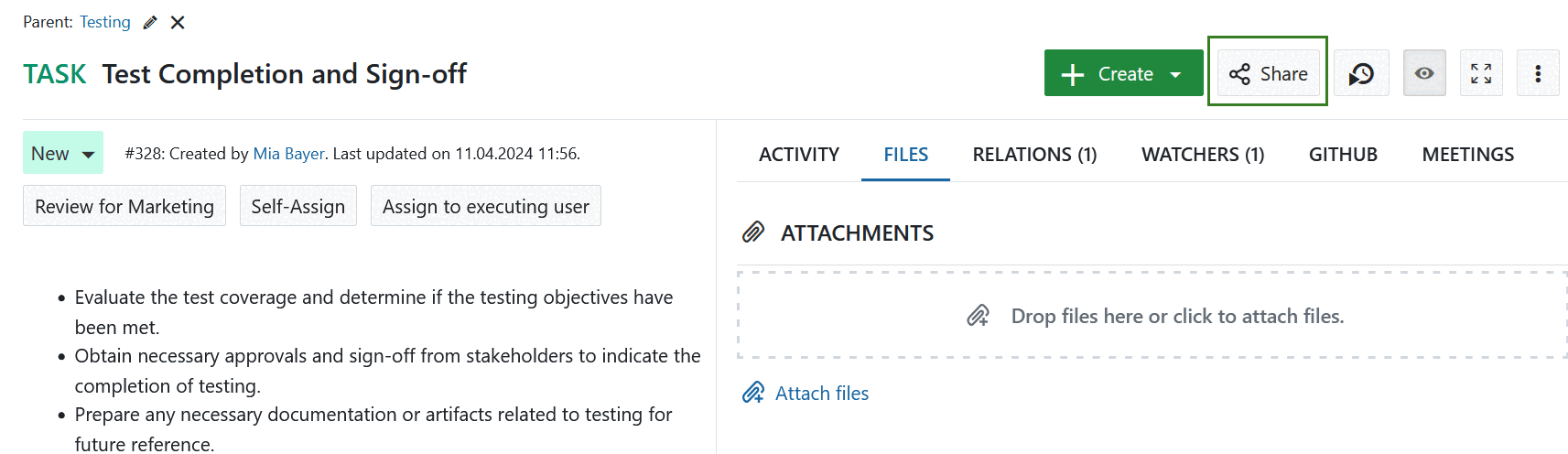 Share button in OpenProject work packages