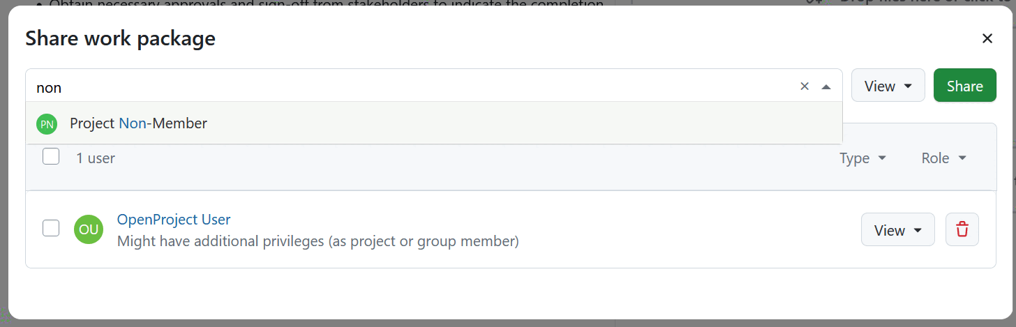 search for a new user to share a work package