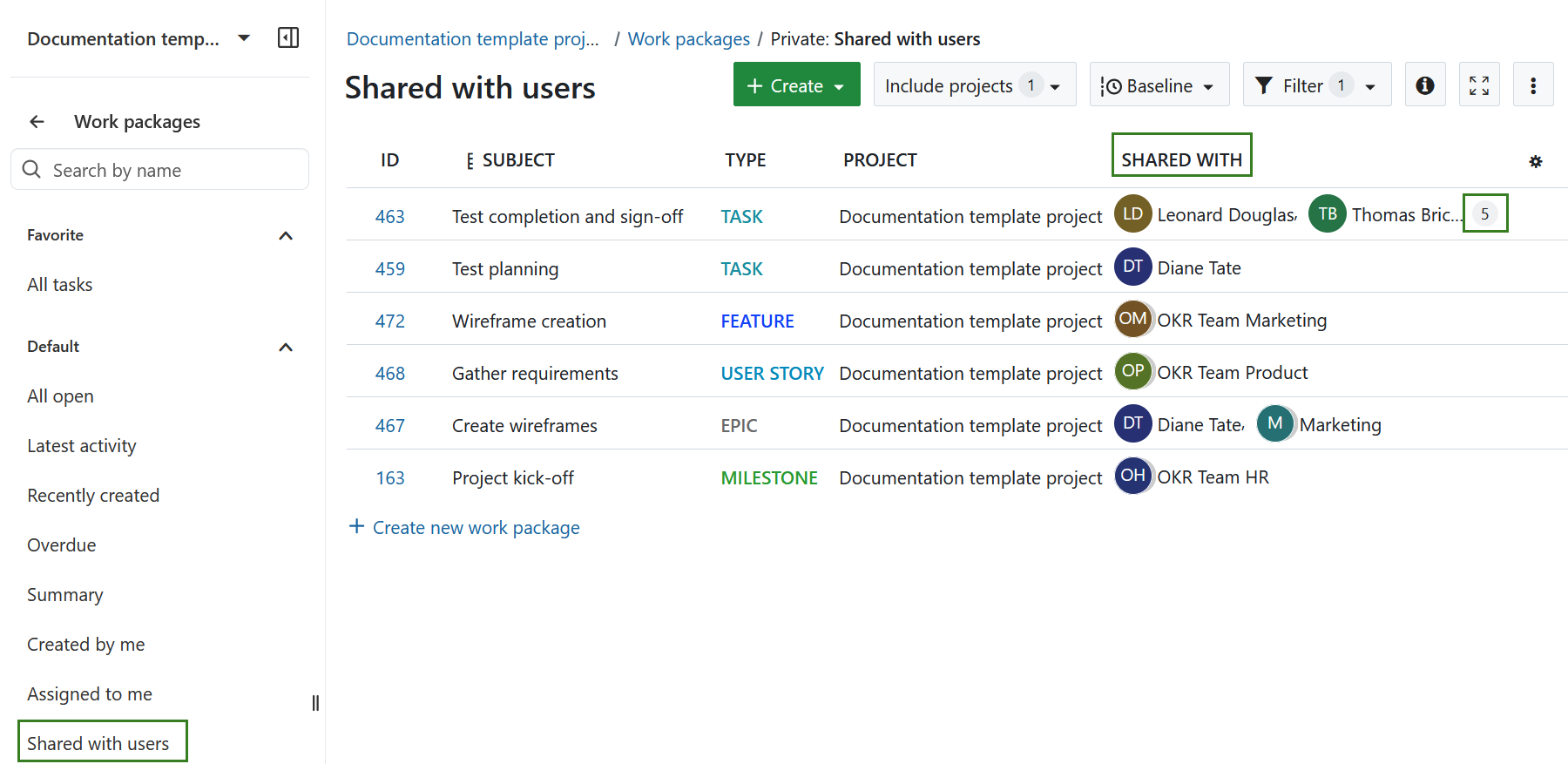 Filter for work packages shared with other users in OpenProject
