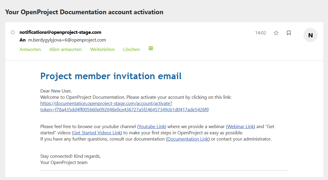 Email activation screen for OpenProject registration