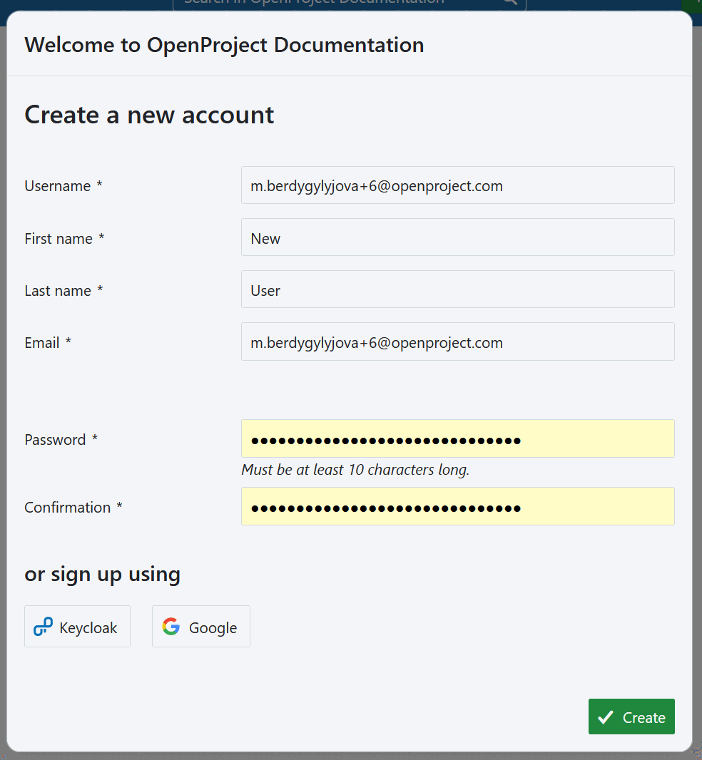 Create a new account for OpenProject