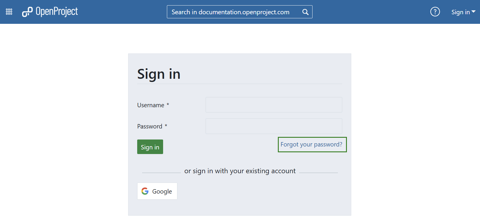 Forgot password link on OpenProject sign in page