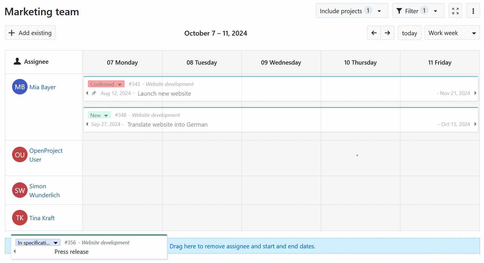 The remove drop zone appears when dragging a work package card