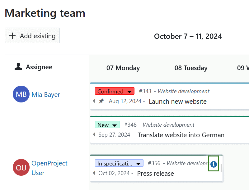 Click on the i icon in a work package card to open details in split screen view