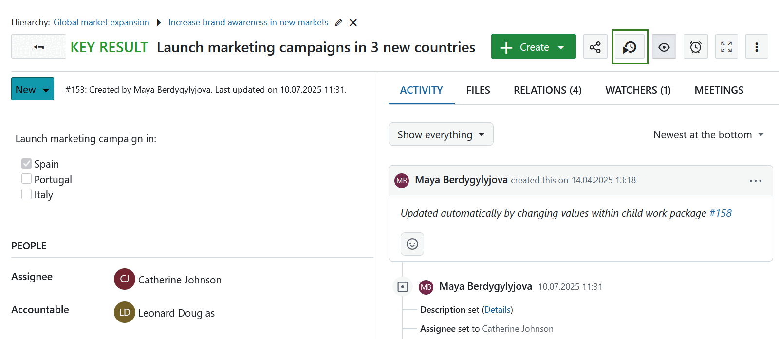 OpenProject start time tracking button in a work package detailed view