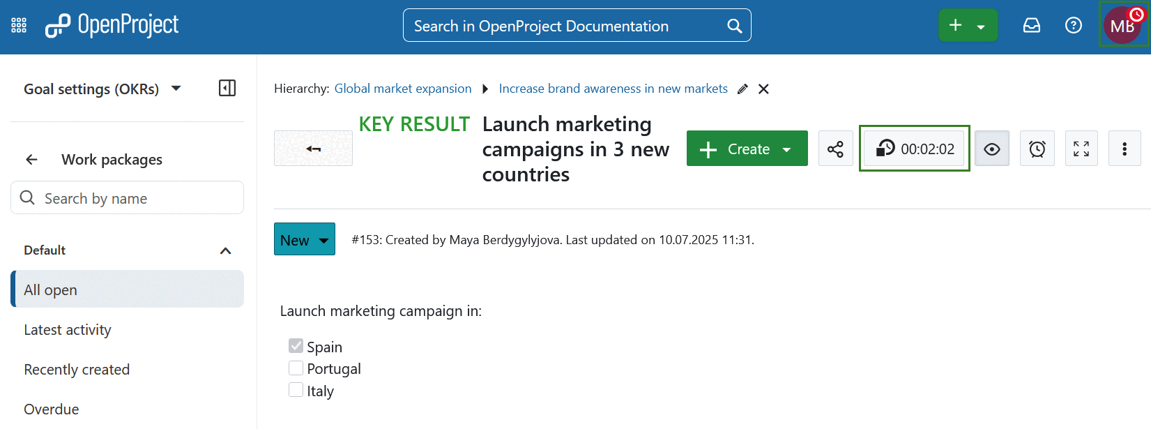 OpenProject time tracking button in action