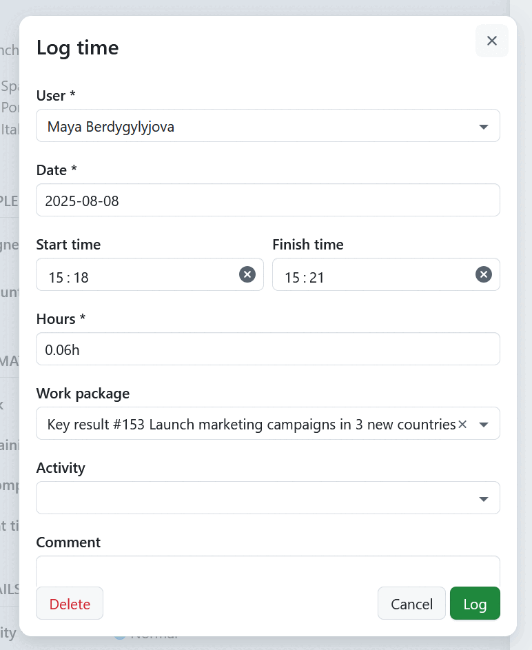 OpenProject stop time tracking button