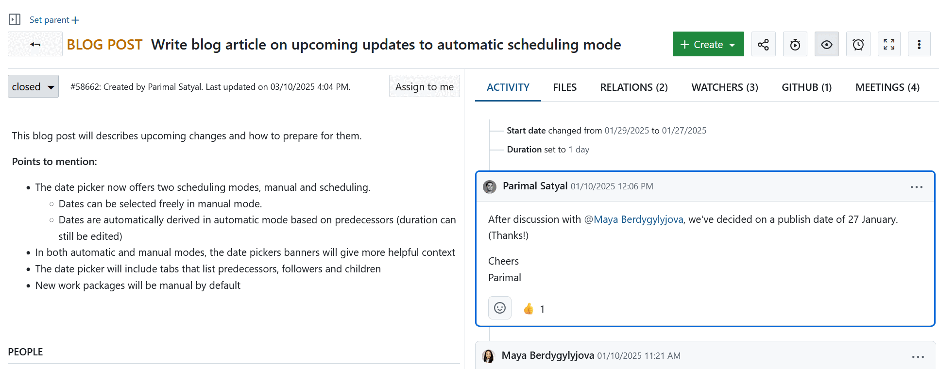An OpenProject work package opened via a direct link, opened for the first time, highlighted with a blue border