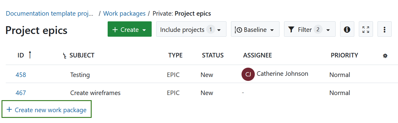Link at the bottom of the work packages table to create a new work package directly in the table view in OpenProject