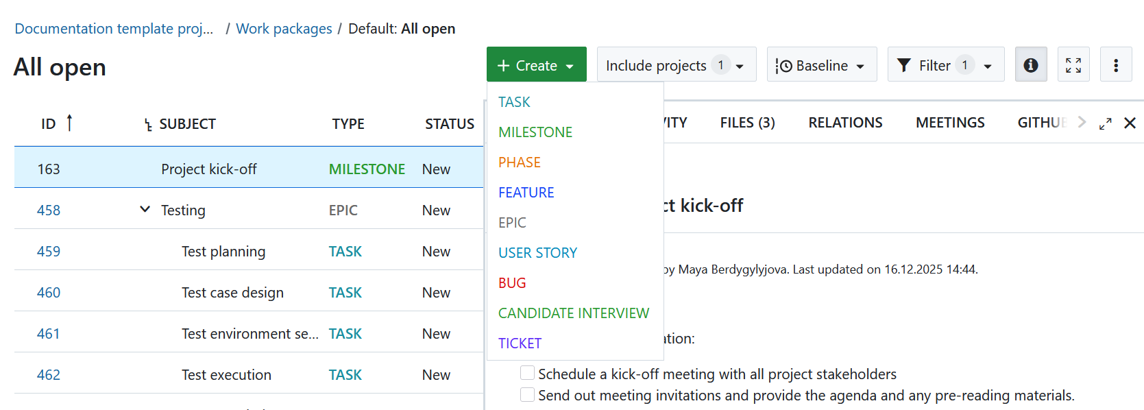 A button to create a new work package in work packages split screen view in OpenProject