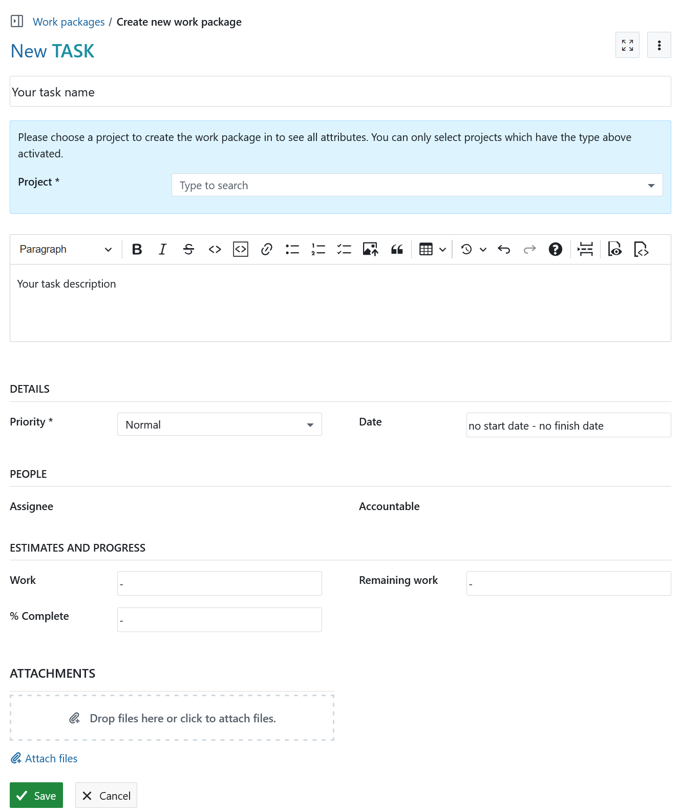 Form to create a new work package in OpenProject
