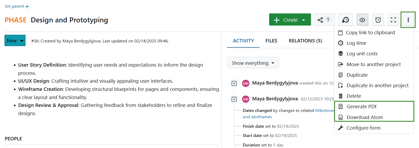 Single work package export options in OpenProject