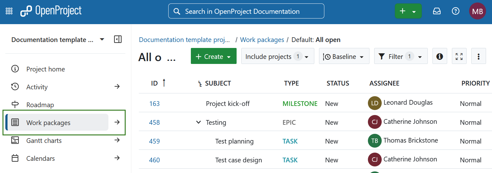 Work packages module highlighted in the project menu in OpenProject