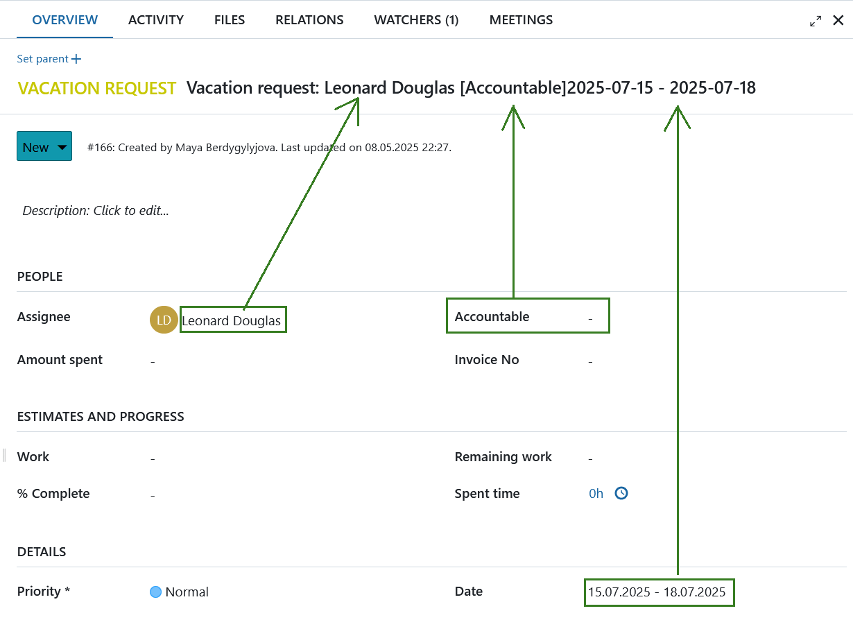 Example of an automatically generated work package subject
