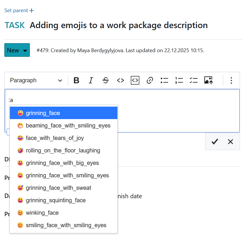 Add an emoji to a Work package description in OpenProject