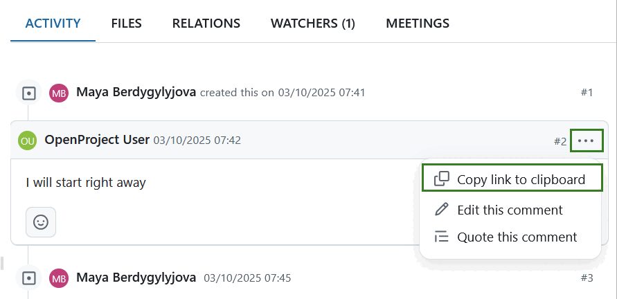 Copy a link to a work package comment in OpenProject
