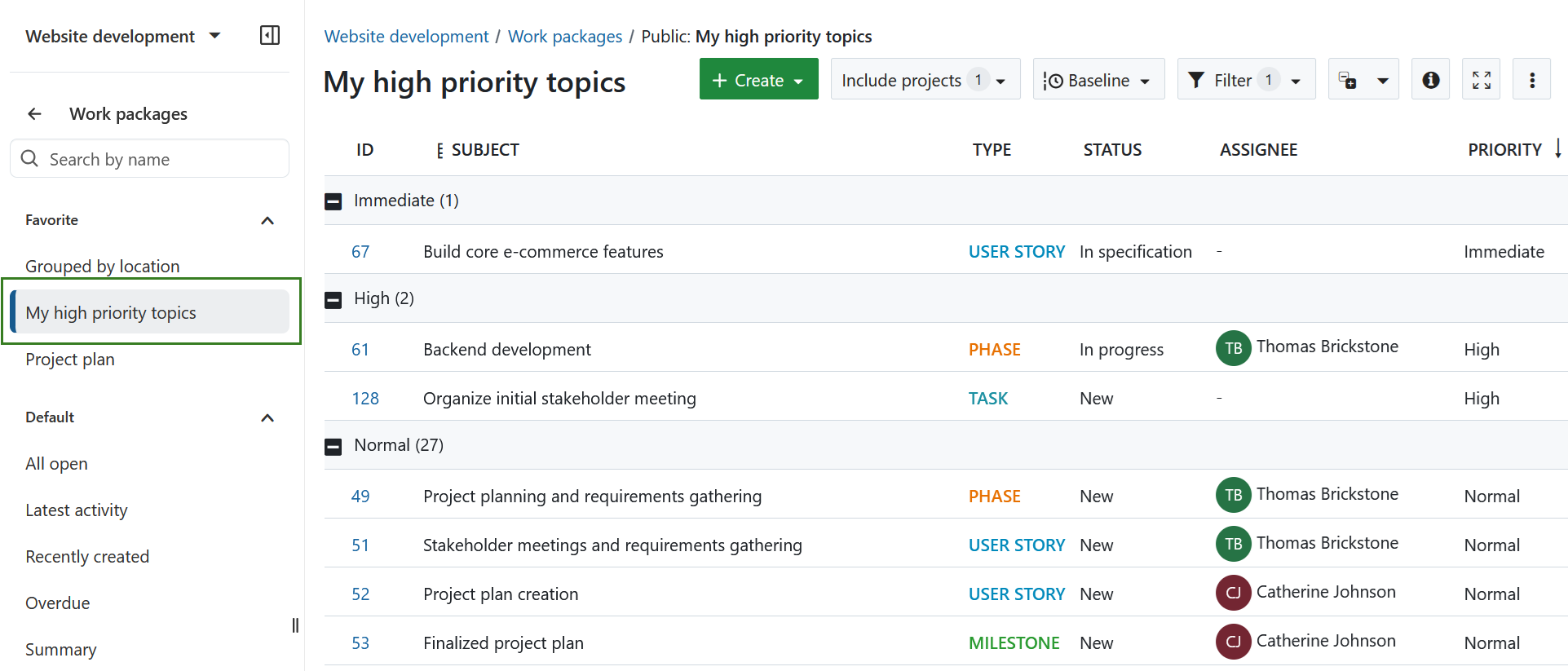 Favorited view in work package module menu