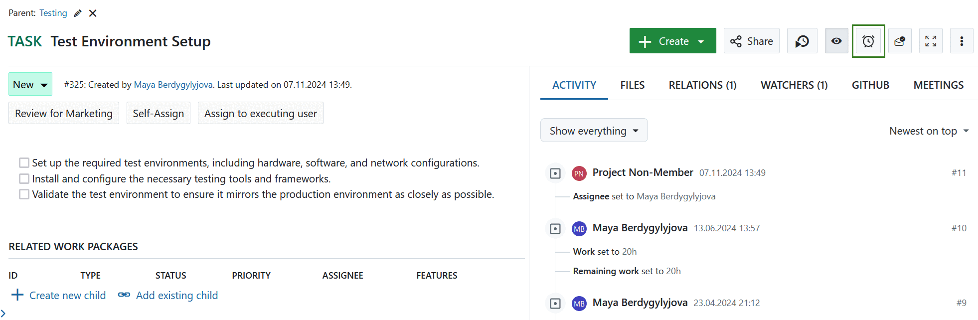 Work package reminder icon in OpenProject