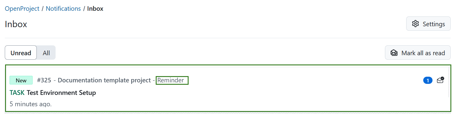 Work package reminder in OpenProject notification center