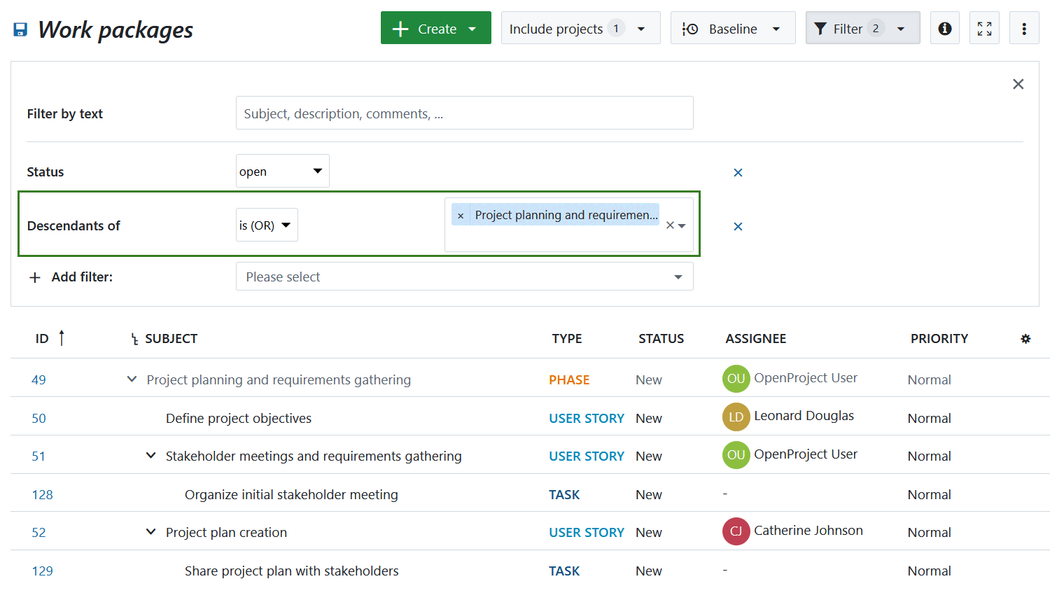 Filter to include all descendants of a work package in a work package table in OpenProject