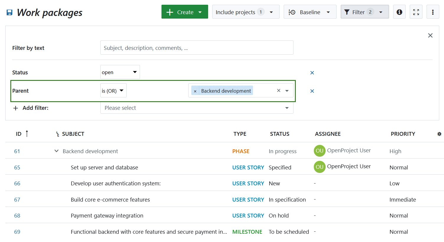 Filter to include all children of a work package in a work package table in OpenProject