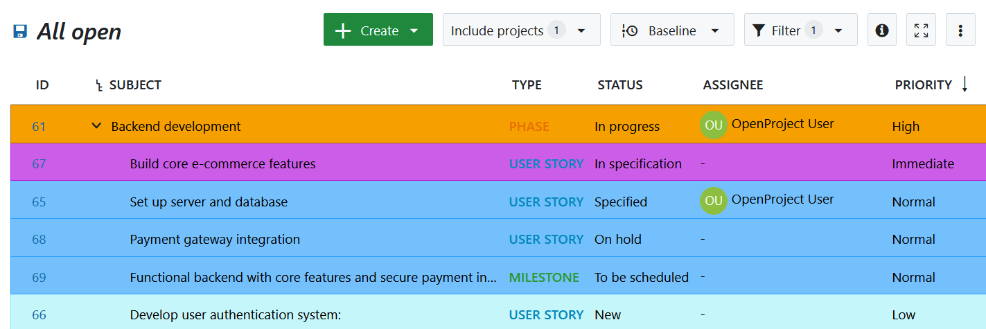 Highlighting of an entire row in work packages table is activated in OpenProject