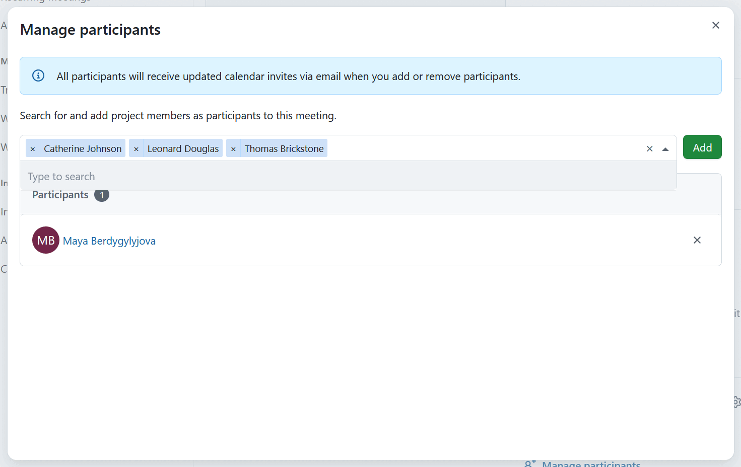 A form showing invited and attending meeting participants in OpenProject