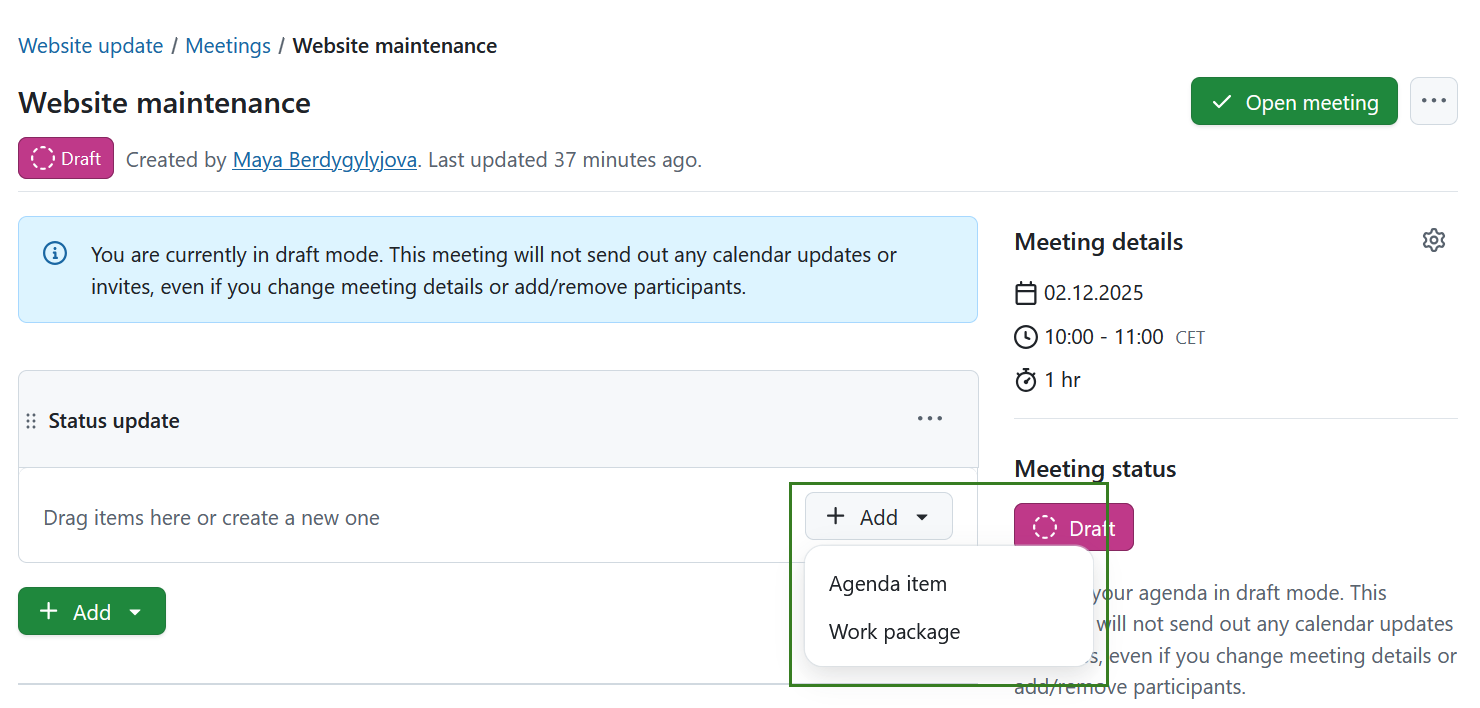 Add an agenda item to a meeting section