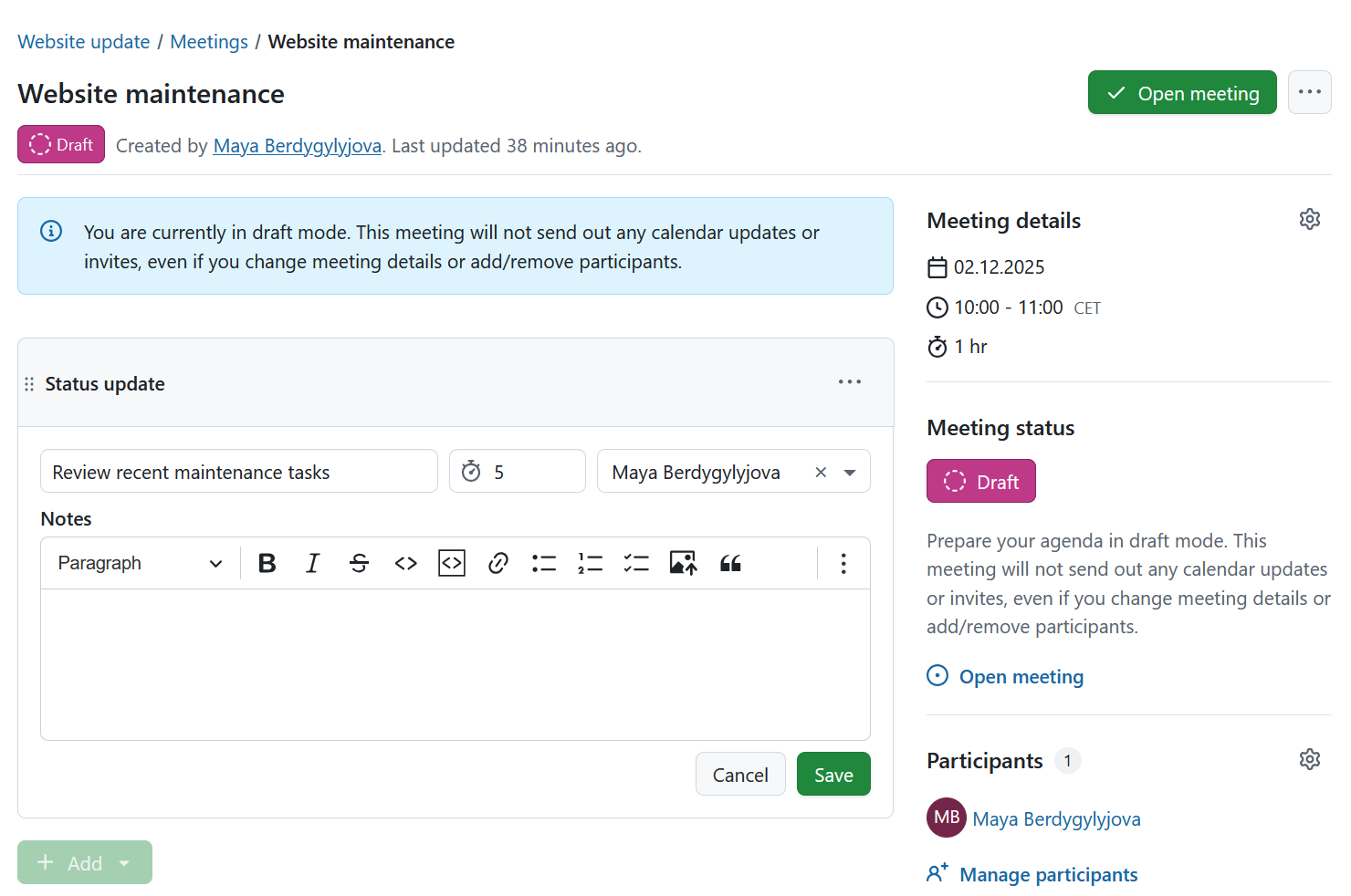 Form for adding agenda items to meetings sections in OpenProject