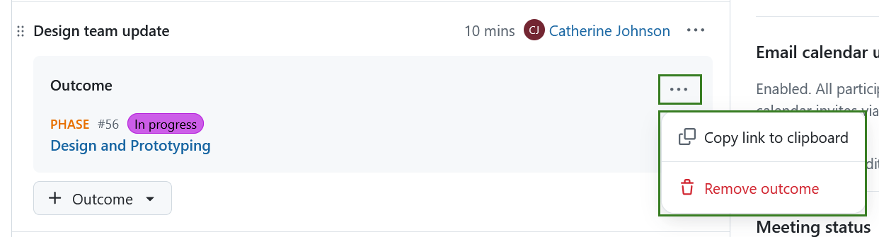 Copy link or remove a work package outcome from an OpenProject meeting