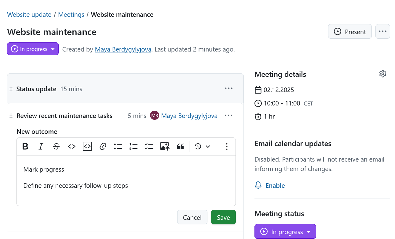 Editor to enter or edit agenda item outcomes in OpenProject meetings