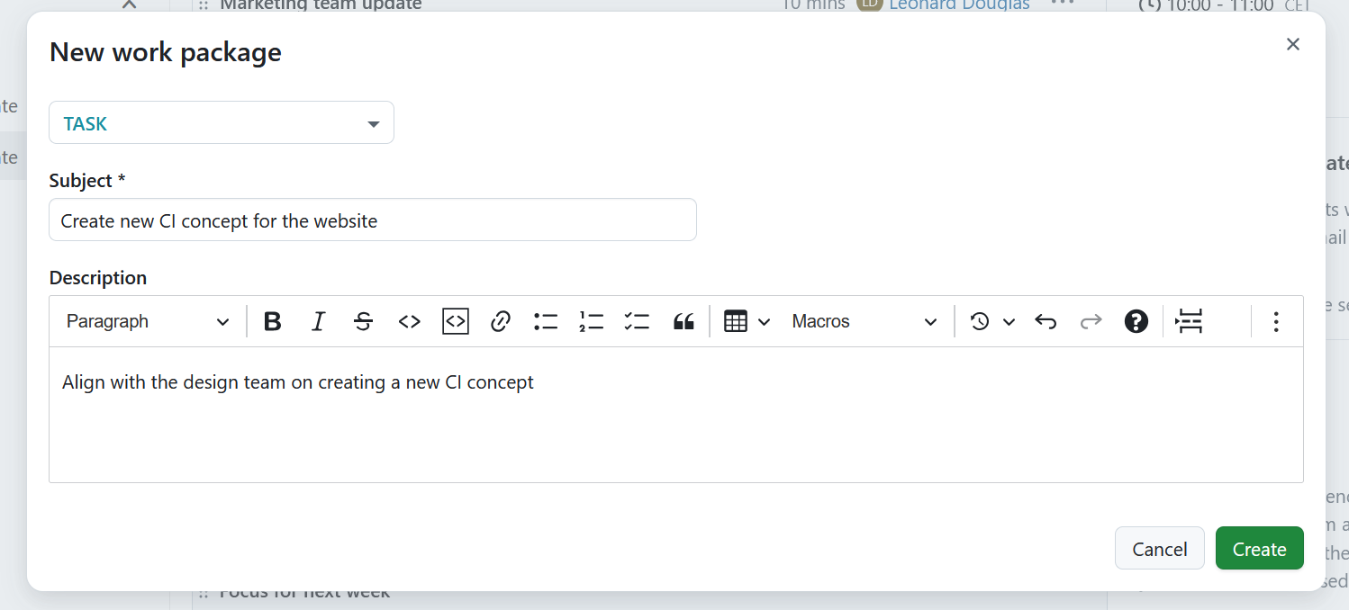 Form to create a new work package as an agenda outcome in an OpenProject meeting
