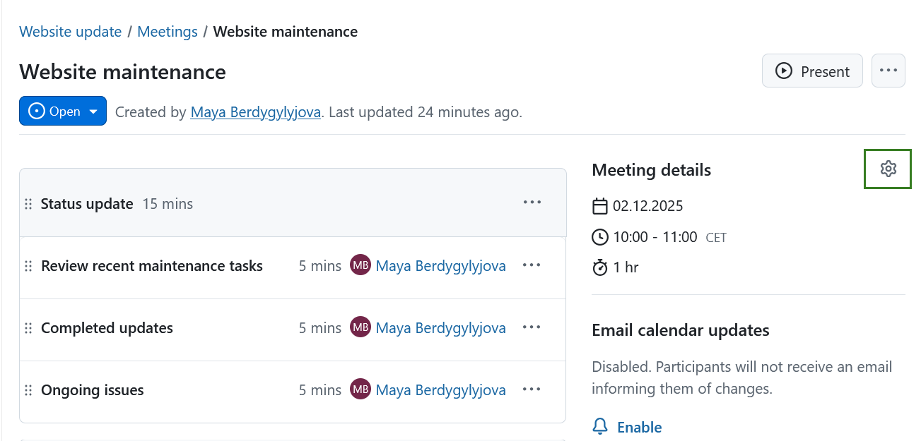 A cogwheel icon to edit a meeting in OpenProject