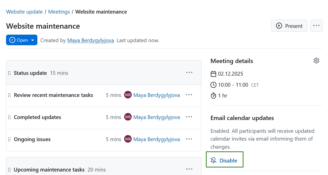 Icon to disable email calendar updates for one-time meetings in OpenProject