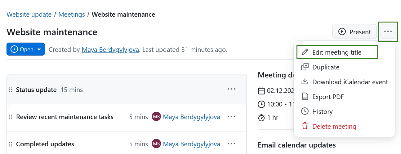 Edit a meeting title in OpenProject